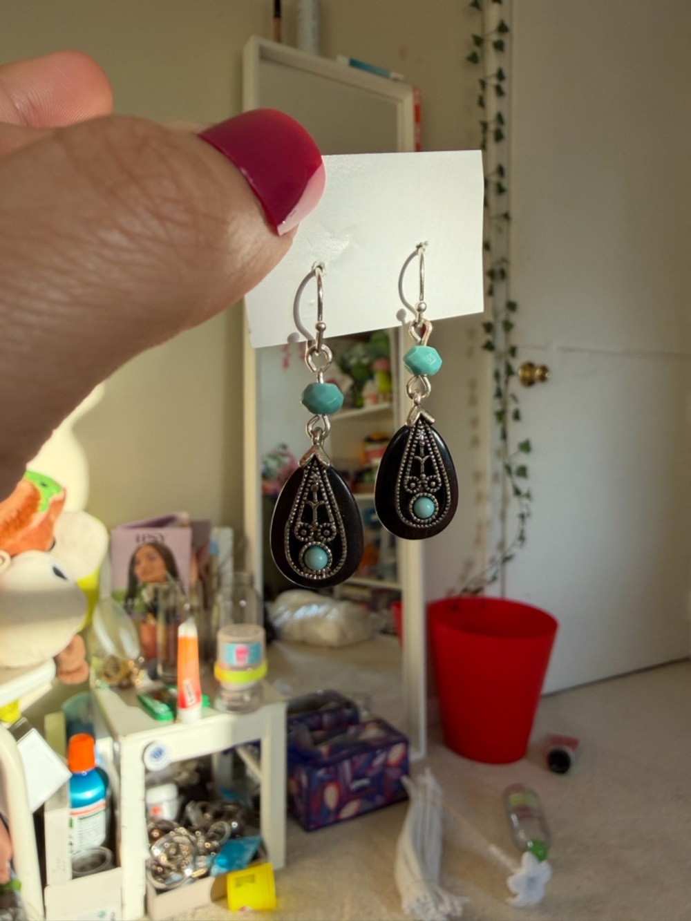 Turquoise Accent Black Teardrop Dangle Earrings - vintage